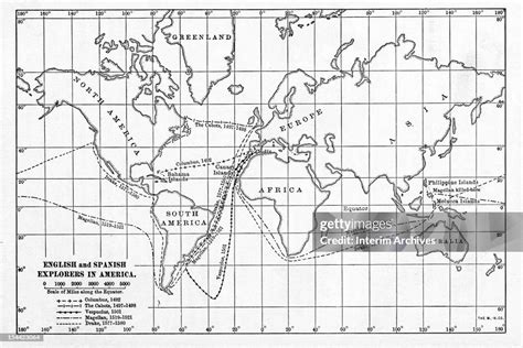 A map shows the routes of various English and Spanish explorers in ...