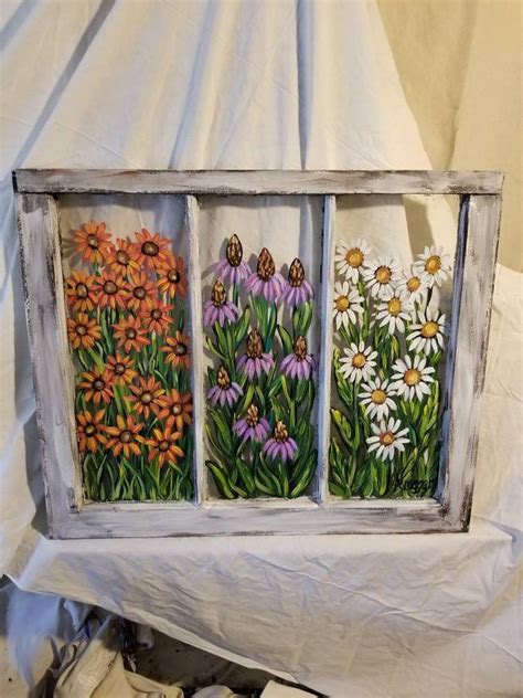 Hand Painted Vintage Window With Bright Garden Flowers Black Etsy