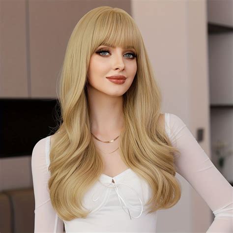 Long Wavy Blonde Wig With Bangs For Women Girls Natural Synthetic Body