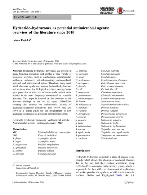 Pdf Hydrazide Hydrazones As Potential Antimicrobial Agents Overview Of The Literature Since 2010