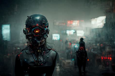 Premium Photo Dark Cyberpunk Heavily Augmented Woman Portrait In