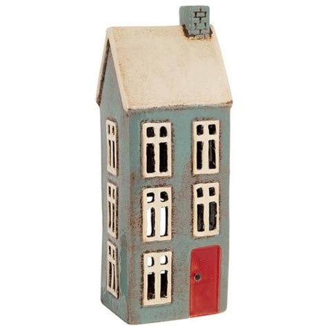 Village Pottery Tealight Holder Tall Blue House