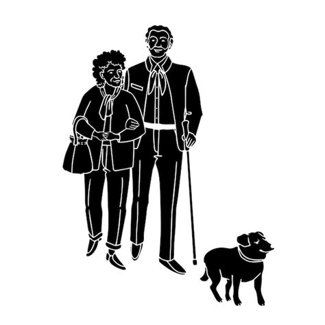 Ilustración de vector de silueta negra ancianos caminando con perro