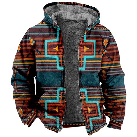 Zcfzjw Mens Fuzzy Flannel Vintage Aztec Print Hooded Jacket Long Sleeve Fleece Lined Full Zip