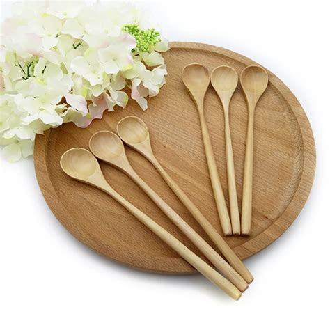 3 6pcs Long Handled Coffee Spoon Wooden Mixing Spoons Set Kitchen