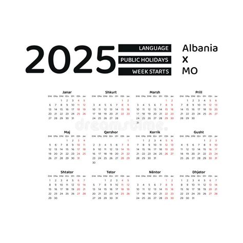 Albania Calendar 2025. Week Starts from Monday. Vector Graphic Design