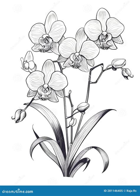 Orchid Flower Plant Line Drawing Botanical Illustration Stock