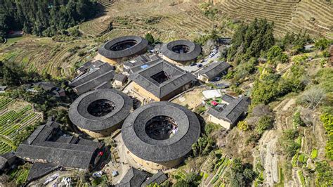 Aerial Of Tianluokeng Unesco World Heritage Site Fujian Tulou Rural