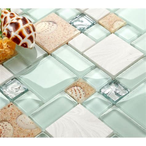 Glass and Stone Mix Mosaic Tile Green Sandy Conch Shell Tiles Wall