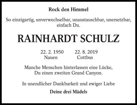 Traueranzeigen Von Reinhardt Schulz Lr Online Trauer De