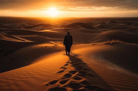 Premium Ai Image A Man Walks Through The Desert With The Sun Setting