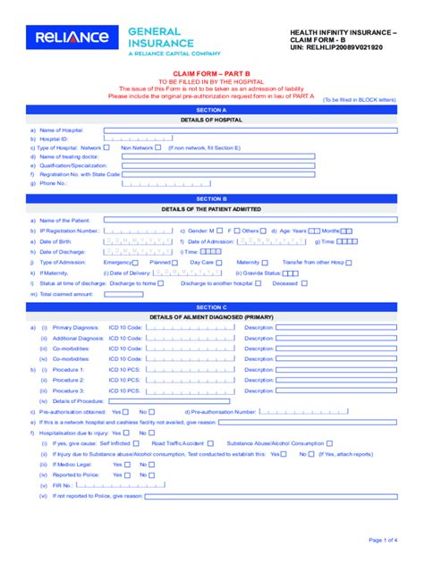 Fillable Online Reliance Wealth Health Plan Claim Form Hospital Cash