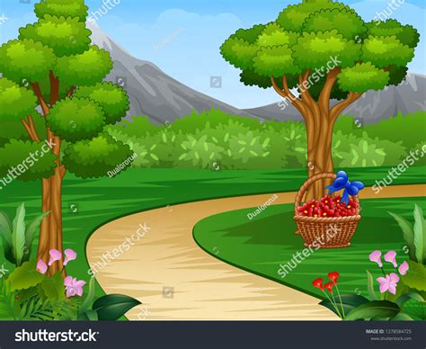 Cartoon Beautiful Garden Background Dirt Road: เวกเตอร์สต็อก (ปลอดค่า ...