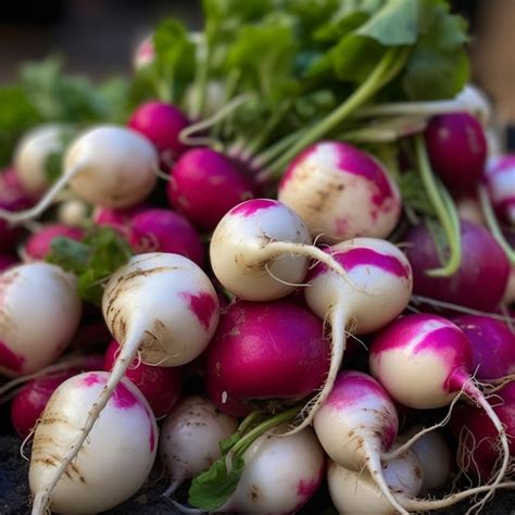 Premium AI Image | A bunch of radishes are on a table with green leaves.