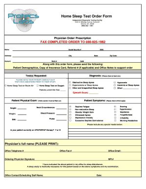 Fillable Online Home Sleep Test Order Form Oximetry Test Overnight