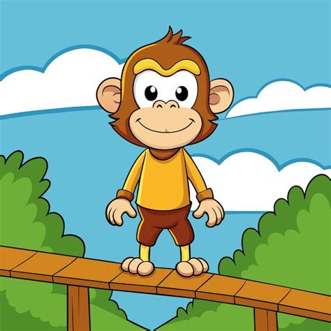 Um Desenho Animado De Um Macaco Em Uma Ponte De Madeira Vetor Premium