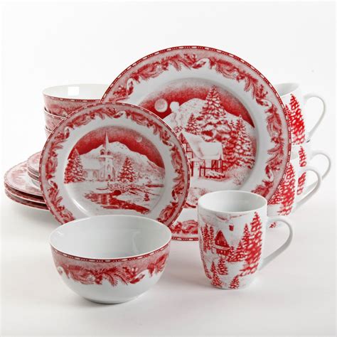 Gibson Elite Winter Cottage 16 Piece Dinnerware Set Red Christmas