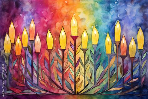 Menorah Brilliance A Watercolor Painting Featuring A Beautifully Lit