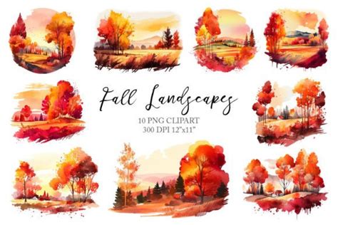 Watercolor Fall Autumn Landscape Clipart Graphic By Larysa Zabrotskaya