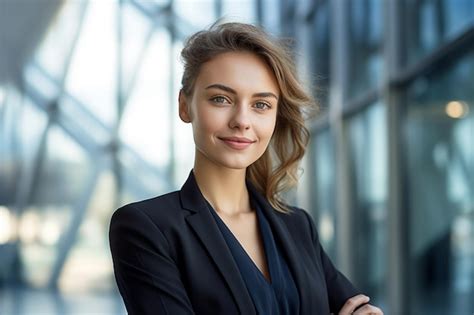 Premium Ai Image A Young Woman In A Suit Stands In Front Of A Window With Her Arms Crossed