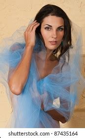 Beautiful Czech Brunette Nude Wrapped Blue Stock Photo