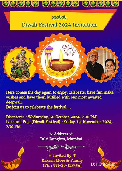 Diwali Festival Invitation Card Three Photo Upload