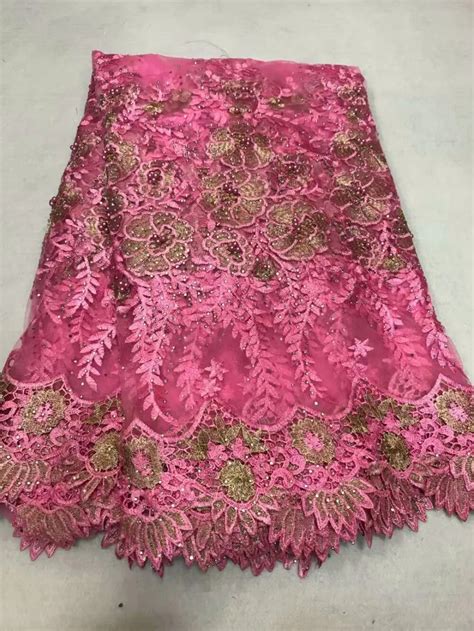 Latest Fushia Pink Nigerian French Mesh Lace Fabric With Stone And Bead