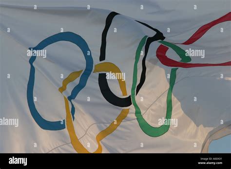 olympic flag displaying   interlocking rings stock photo alamy