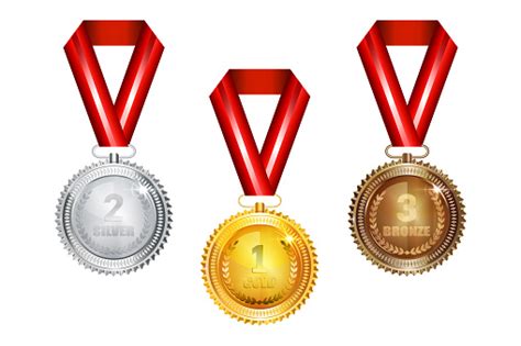 Champion Gold Silver And Bronze Medal With Red Ribbon Icon Sign First