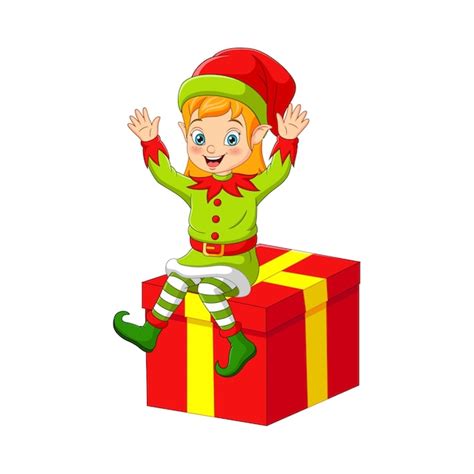 Premium Vector Cartoon Christmas Elf Sitting On Big Gift Box