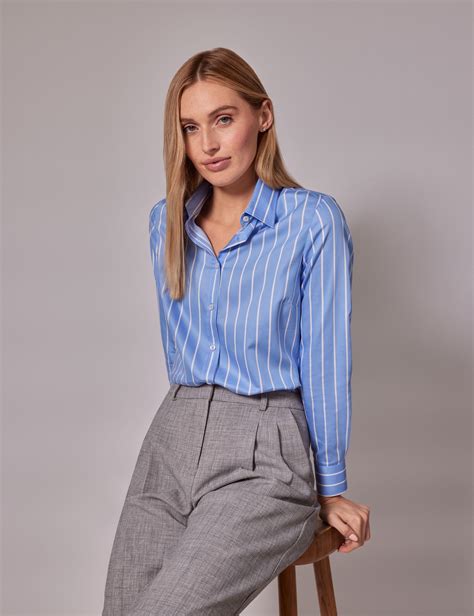 Women S Executive Blue White Stripe Semi Fitted Shirt Hawes And Curtis