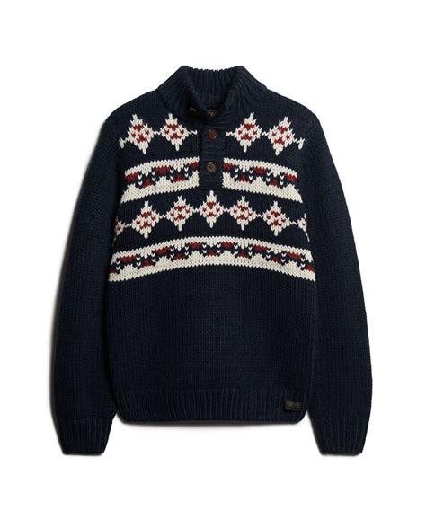 Homme Pull en maille épaisse à col tunisien et motifs Bleu Marine