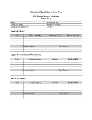 Fillable Online Umaine BSW Resume Form Docx Umaine Fax Email Print