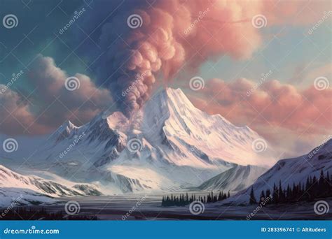 Snowy Volcanic Peak With Plume Of Smoke Rising Above Stock Illustration