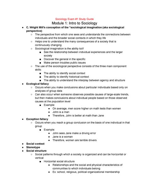 Soc Study Guide Sociology Exam Study Guide Module Intro To