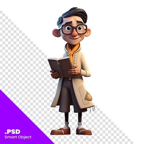 Ilustración 3d de un personaje de dibujos animados con gafas leyendo un