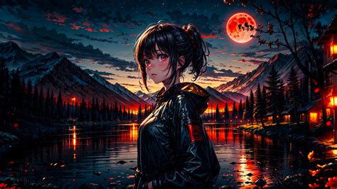 Anime Girl Lake Mountain Night 4K #2950j Wallpaper iPhone Phone