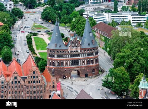 The Holsten Gate from above Lübeck Schleswig Holstein Germany Stock