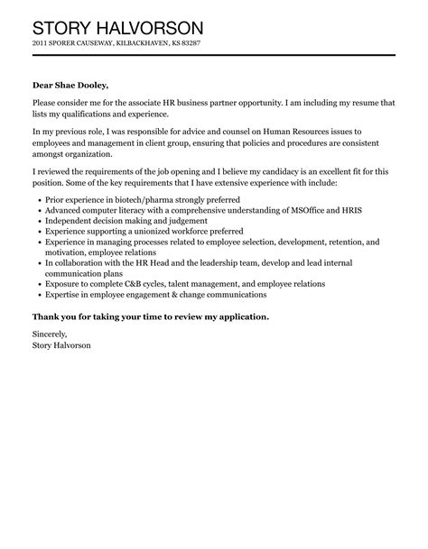 Associate HR Business Partner Cover Letter Velvet Jobs