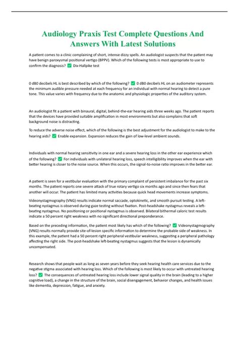 Audiology Praxis Test Complete Questions And Answers With Latest