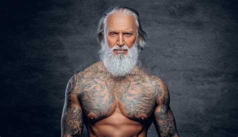 Fitnes Grandfather Bodybuilder With Long Beard And Naked Torso Stock