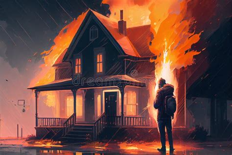 Dramatic Silhouette Of Man In Front Of Burning House Stock Illustration