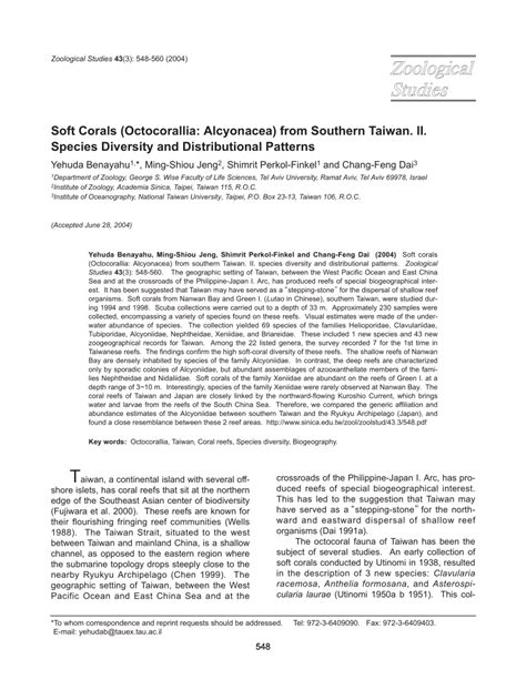 (PDF) Soft Corals (Octocorallia: Alcyonacea) from Southern Taiwan. II. Species Diversity and ...