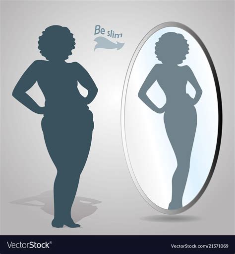 Fat Woman Looking In Mirror And Seeing Herself As Vector Image