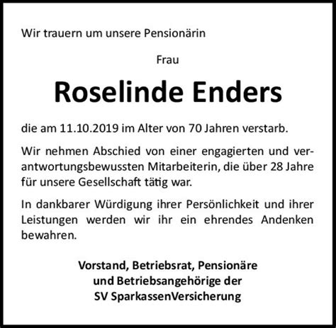 Traueranzeigen Von Roselinde Enders Vrm Trauer De