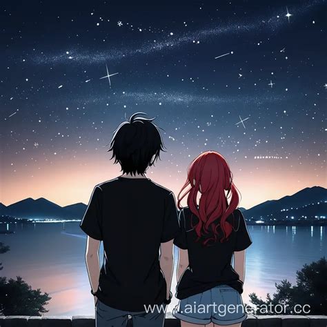 Night Sky Gazing Anime Couple in Black and Red | AI Art Generator