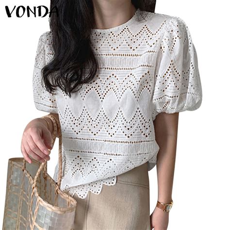 Vonda Women Korean Round Neck Puff Short Sleeve Lace Holiday Casual