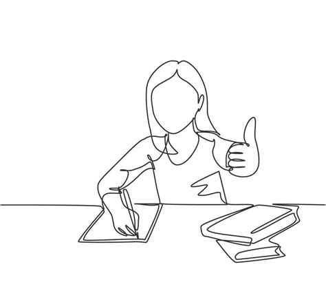 One Line Drawing Of Young Happy Elementary School Girl Student Studying