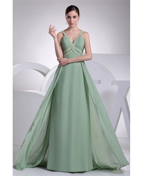 Sage Green V Neck Beaded Straps Floor Length Chiffon Prom Dress OP4206