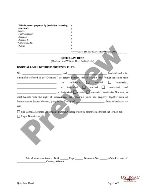 Arizona Quitclaim Deed Husband And Wife Or Two Individuals Arizona Deed Form Us Legal Forms